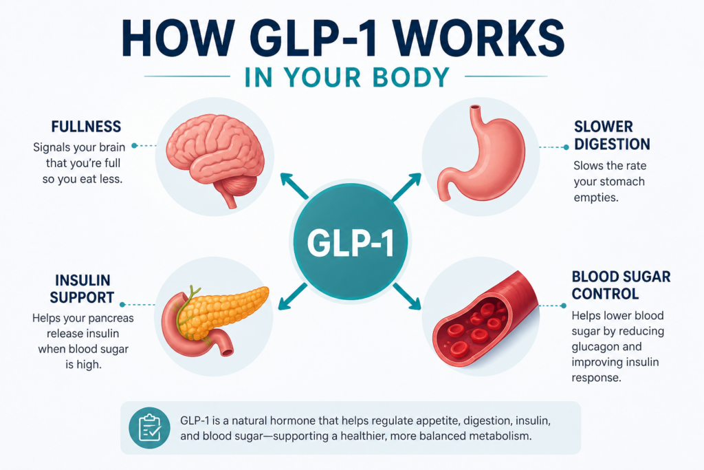 Illustration of how GLP-1 works in your body. Increases fullness, slows digestion, controls blood sugar, supports insulin.