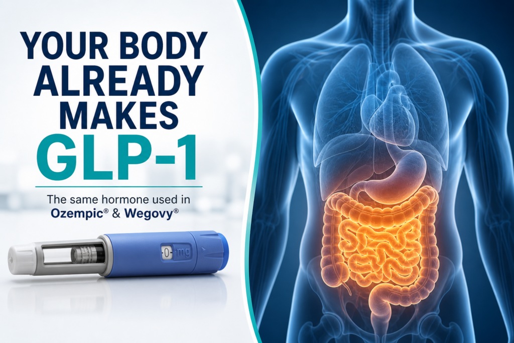 Split image with title on lef along with a medication injection pen. Title: Your body already makes GLP-1. Right side translucent image of a body with the intestines glowing yellow. 